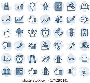 Blue tint and shade editable vector line icon set - elevator vector, alarm clock, fork loader, ladder, push ups, pull, up side sign, no trolley, finger, down, career, volume max, uplooad, like