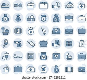 Blue tint and shade editable vector line icon set - suitcase vector, baggage conveyor, larry, luggage storage, scales, truck, room, case, money bag, fertilizer, doctor, dropper, first aid kit, car