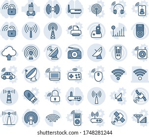 Blue Tint And Shade Editable Vector Line Icon Set - Antenna Vector, Satellite, Office Phone, Radio, Remote Control, Wireless, Cellular Signal, Upload Cloud, Lock, Router, Notebook Wi Fi, Mouse, Car