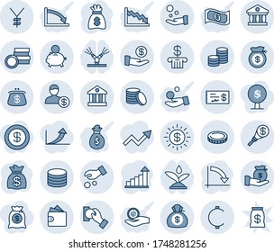 Blue tint and shade editable vector line icon set - growth statistic vector, money bag, crisis graph, yen, cent, coin, dollar sun, bank, account, piggy, investment, cash pay, wallet, check, purse