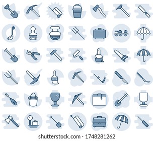 Blue tint and shade editable vector line icon set - suitcase vector, umbrella, stamp, baggage larry, scales, job, shovel, farm fork, bucket, pruner, axe, scalpel, fragile, themes, case, ladle, saw