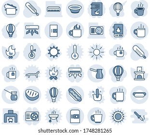 Blue tint and shade editable vector line icon set - hot cup vector, coffee machine, fire, fireplace, thermometer, sun, air conditioner, steak, dog, bowl, steaming pan, turkish, tea, water heater