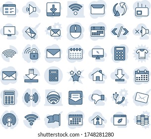 Blue tint and shade editable vector line icon set - mail vector, mouse, calendar, update, download, wireless, calculator, home, website, cursor browser, monitor, low volume, off, dislike, tag code