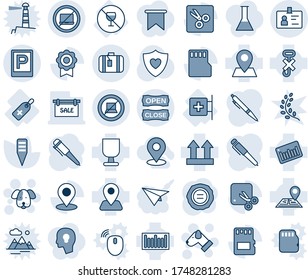 Blue tint and shade editable vector line icon set - parking vector, no laptop, suitcase, computer sign, identity, dog, pen, stamp, plant label, heart shield, first aid room, medical, alcohol, pin