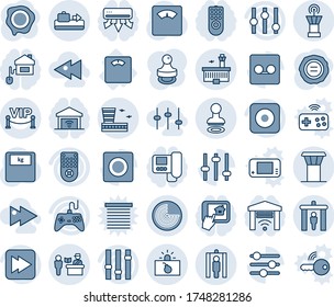 Blue tint and shade editable vector line icon set - airport tower vector, baggage conveyor, passport control, security gate, stamp, radar, metal detector, terrorism, building, scales, floor, gamepad
