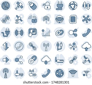 Blue tint and shade editable vector line icon set - antenna vector, phone, satellite, network, share, chain, rca, call, sim, data exchange, cellular signal, wireless, gear, right arrow, upload, link