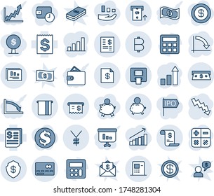 Blue tint and shade editable vector line icon set - credit card vector, growth statistic, calculator, crisis graph, receipt, yen, bitcoin, safe, atm, cash, account statement, statistics report, bar