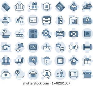 Blue tint and shade editable vector line icon set - safe vector, checkroom, travolator, bow, gift, santa sleigh, merry christmas message, bird house, doctor case, pills blister, milk, cereal, cargo
