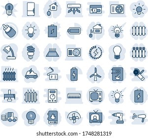 Blue tint and shade editable vector line icon set - tv vector, fork loader, bulb, ripper, rca, battery, charge, desk lamp, heater, air conditioner, fridge, home control, water, radiator, warm floor