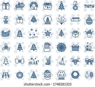 Blue tint and shade editable vector line icon set - christmas tree vector, firework, gift, bow, santa claus, sock, ball, garland, landscape, star, candle, calendar, deer, house, sleigh, holly, sale