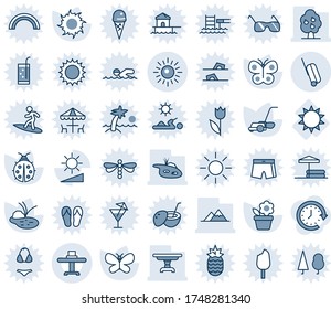 Blue tint and shade editable vector line icon set - suitcase vector, sun, flower in pot, lawn mower, butterfly, lady bug, pond, brightness, fruit tree, mountains, table, restaurant, clock around