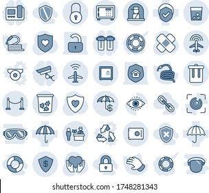 Blue tint and shade editable vector line icon set - plane radar vector, fence, passport control, trash bin, safe, officer window, lock, glove, hose, patch, heart shield, hand, umbrella, eye id, link