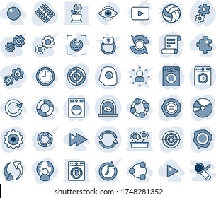 Blue tint and shade editable vector line icon set - ticket office vector, washer, gear, stamp, contract, pills blister, update, eye id, exchange, pie graph, target, flower in pot, omelette, social