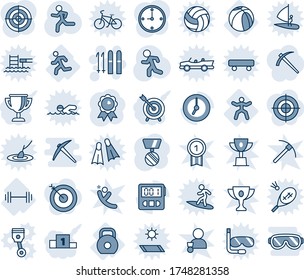 Blue tint and shade editable vector line icon set - ski vector, medal, run, barbell, gymnastics, basketball ball, weight, clock, stopwatch, target, pedestal, award cup, job, win, gold, winner, pool