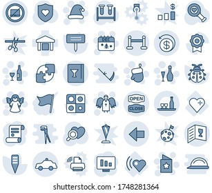 Blue tint and shade editable vector line icon set - no laptop vector, vip zone, safety car, left arrow, christmas glove, calendar, hat, angel, wine, star postcard, statistic monitor, contract, beat