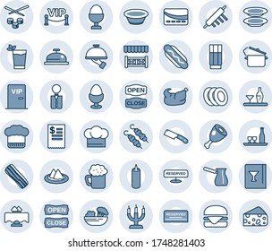 Blue tint and shade editable vector line icon set - waiter vector, alcohol, restaurant table, serviette, cook hat, wine card, reserved, reception, drink, phyto bar, beer, salad, plates, bacon, kebab