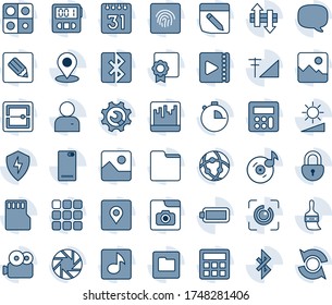 Blue tint and shade editable vector line icon set - phone back vector, menu, message, mobile camera, gallery, protect, themes, user, calculator, stopwatch, scanner, sd, network, folder, calendar