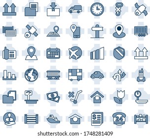 Blue tint and shade editable vector line icon set - route vector, signpost, navigation, earth, pin, railroad, plane, satellite, cash, office phone, 24 hours, client, mobile tracking, sea shipping
