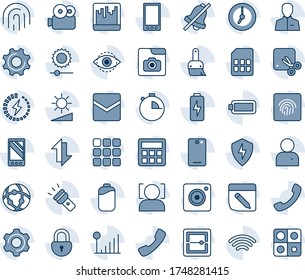 Blue tint and shade editable vector line icon set - mobile vector, phone back, call, menu, camera, protect, settings, themes, user, calculator, clock, stopwatch, mail, scanner, sim, network, notes