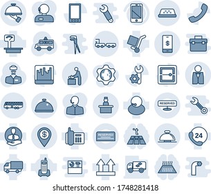 Blue tint and shade editable vector line icon set - airport bus vector, reception bell, taxi, baby room, recieptionist, baggage truck, ambulance car, doctor, office phone, 24 hours, support, client