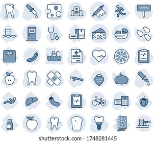 Blue tint and shade editable vector line icon set - medical room vector, plant label, pumpkin, seeds, heart pulse, diagnosis, dropper, patch, bike, tooth, caries, implant, clipboard, hospital, apple