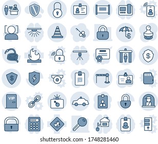 Tinta azul y sombra editable conjunto de iconos de la línea vectorial - vectores de valla, barrera, control de pasaportes, puerta de seguridad, bomba en caso, coche de seguridad, ventana de oficial, identidad, cono de carretera, bloqueo, tarjeta, manguera, inflamable