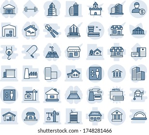 Blue tint and shade editable vector line icon set - elevator vector, airport building, factory, greenhouse, hospital, barbell, store, bank, account, office, house, with garage, tree, warehouse, city