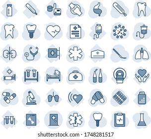 Tinta azul y sombra editable conjunto de íconos vectoriales - vectores de la sala de primeros auxilios, pulso cardíaco, caso médico, diagnóstico, estetoscopio, vial de análisis de sangre, cuentagotas, termómetro, microscopio, píldoras, blister, pulmones