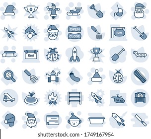 Blue tint and shade editable vector line icon set - trap truck vector, santa claus, christmas hat, sleigh, elf, job, garden fork, shovel, lady bug, caterpillar, pond, bacteria, stomach, medical mask