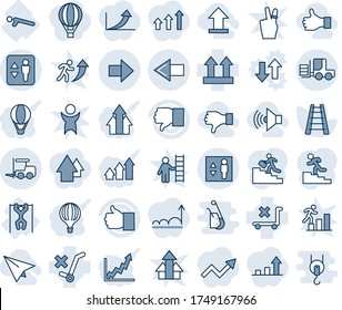 Blue tint and shade editable vector line icon set - elevator vector, left arrow, fork loader, right, ladder, push ups, pull, up side sign, no trolley, finger, down, career, volume max, uplooad, like