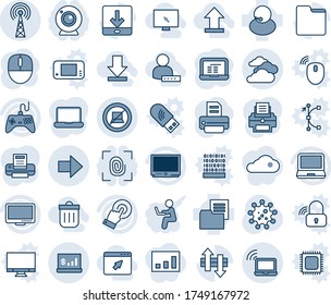 Blue tint and shade editable vector line icon set - wireless notebook vector, antenna, no computer sign, right arrow, clouds, mouse, pc, printer, virus, support, folder document, gamepad, tv, laptop