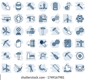 Blue tint and shade editable vector line icon set - travolator vector, factory, trowel, sickle, heart gear, sea port, flammable, oil barrel, low battery, root setup, windmill, crane, water heater