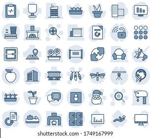 Blue tint and shade editable vector line icon set - fence vector, baggage conveyor, plane globe, airport building, checkroom, male wc, santa claus, garland, lollipop, office, statistic monitor, menu