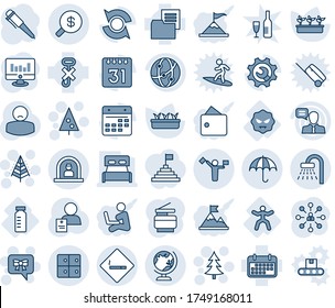 Blue tint and shade editable vector line icon set - dispatcher vector, reception, globe, shower, insurance, smoking area sign, baggage room, christmas tree, bow message, hierarchy, pen, seedling