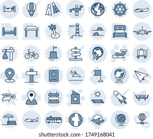Blue tint and shade editable vector line icon set - arrival vector, globe, plane, traffic controller, baggage, airport bus, sign post, passport, hotel, small, sleigh, star postcard, picnic table