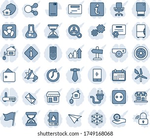 Blue tint and shade editable vector line icon set - phone back vector, mobile payment, home control, socket, power plug, fan, remote, water heater, router, web camera, snowflake, protect, fridge