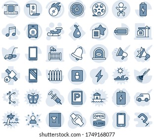 Blue tint and shade editable vector line icon set - parking vector, baby, ticket office, male wc, sleigh, mobile phone, circle chart, fence, rake, lawn mower, syringe, joint, pear, satellite, reel