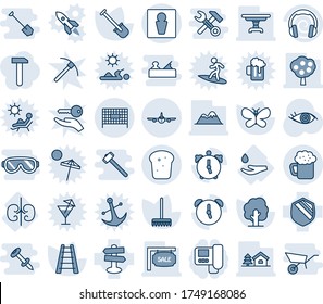 Blue tint and shade editable vector line icon set - male vector, plane, fenced area, shovel, rake, ladder, tree, butterfly, eye, kidneys, drop hand, signpost, shield, headphones, alarm, house with