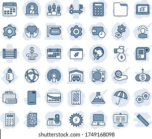 Blue tint and shade editable vector line icon set - umbrella vector, plane globe, tv, officer window, mobile phone, gear, pedestal, notebook pc, heart hand, drop counter, breads, container, route