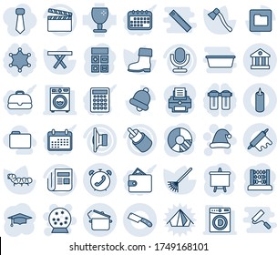 Blue tint and shade editable vector line icon set - phone alarm vector, christmas hat, snowball, calculator, graduate, abacus, presentation board, circle chart, rake, boot, axe, caterpillar, fragile