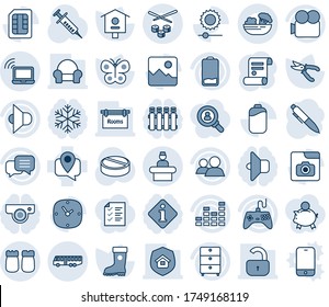 Blue tint and shade editable vector line icon set - airport bus vector, wireless notebook, reception, pen, contract, pruner, boot, butterfly, bird house, syringe, pills, mobile tracking, speaker