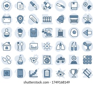 Blue tint and shade editable vector line icon set - spoon and fork vector, left arrow, house, sun, seeds, dropper, thermometer, ampoule, ambulance car, lungs, statistics, satellite, cell phone, menu