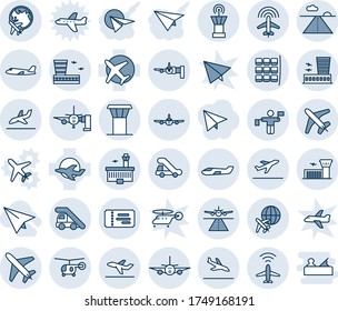 Blue tint and shade editable vector line icon set - plane vector, airport tower, runway, radar, departure, arrival, ticket, ladder car, boarding, seat map, globe, building, traffic controller, small
