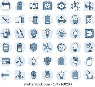 Blue tint and shade editable vector line icon set - bulb vector, battery, low, protect, charge, desk lamp, windmill, socket, power plug, energy saving, idea, electric car, business, sun panel