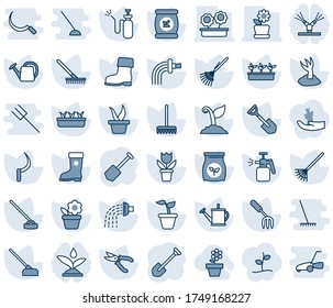 Blue tint and shade editable vector line icon set - job vector, flower in pot, garden fork, shovel, rake, seedling, watering can, sproute, pruner, boot, hoe, sickle, sprayer, fertilizer, irrigation