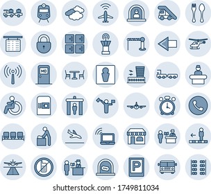 Blue tint and shade editable vector line icon set - dispatcher vector, runway, plane radar, antenna, arrival, airport bus, parking, barrier, spoon and fork, cafe, coffee machine, passport control