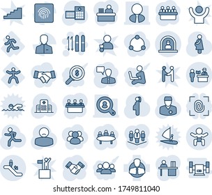 Blue tint and shade editable vector line icon set - passport control vector, escalator, reception, baby, ski, handshake, speaking man, meeting, run, hospital, doctor, patient, pregnancy, gymnastics