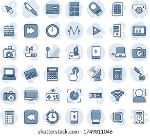 Blue tint and shade editable vector line icon set - credit card vector, camera, notebook connect, calculator, pen, pc, garden fork, clock, barcode, satellite antenna, touch screen, monitor, rewind