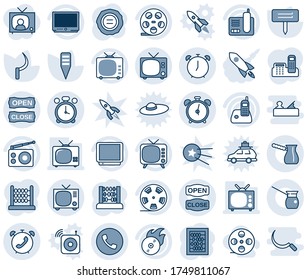 Blue tint and shade editable vector line icon set - alarm clock vector, phone, tv, abacus, stamp, sickle, plant label, reel, flame disk, radio, office, open close, turkish coffee, film coil, rocket