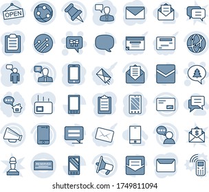 Blue tint and shade editable vector line icon set - bow message vector, merry christmas, mobile phone, speaking man, mail, loudspeaker, network, cell, speaker, paper pin, clipboard, reserved, opened